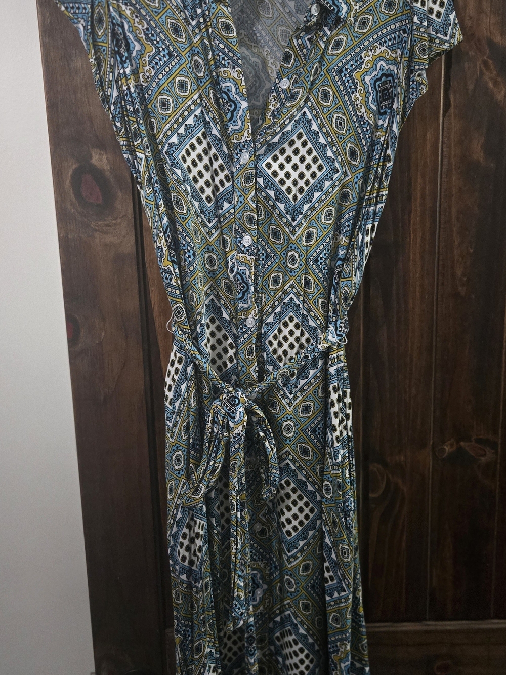 Cato Geometric Midi Dress in Blue, Green and White